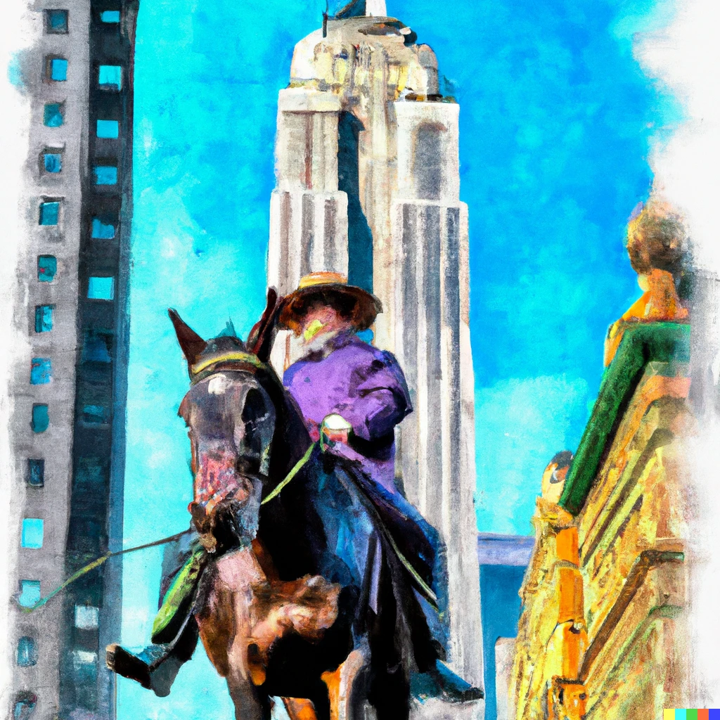 Prompt: Mihai Eminescu on a horse with a hat near the Empire State building, watercolor style
