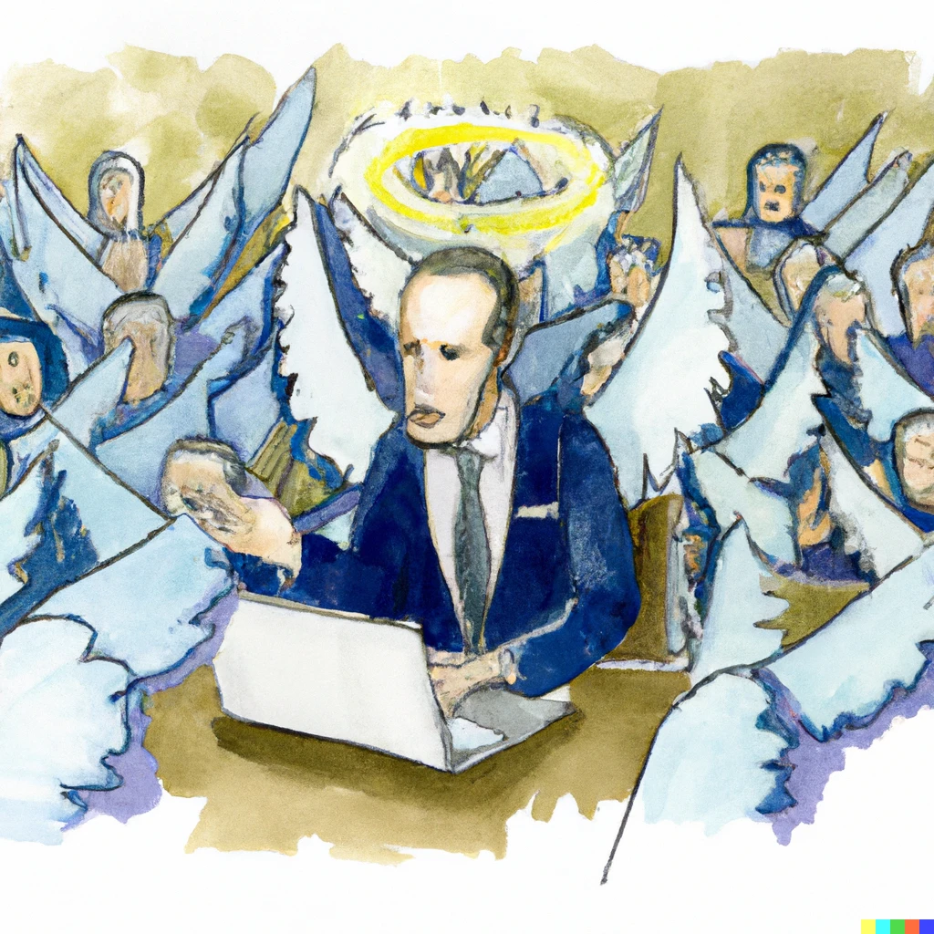 Prompt: a business man working on his laptop, surrounded by troops of of orthodox flying angelsand eyes, watercolor