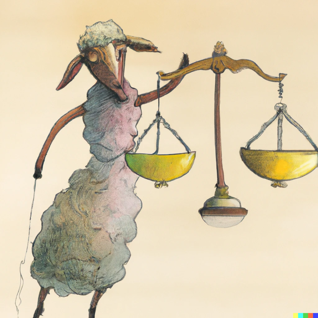 Prompt: a sheep as the goddess of justice blindfolded with a balance, watercolor