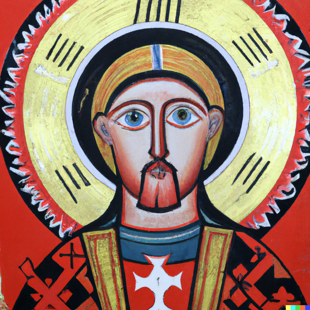 Prompt: orthodox icon: Let's go hand in hand  Those with a Romanian heart,  Let's spin the hora of brotherhood  On Romanian soil!  Transylvanian, mountain children!  Ian shook his head now  And it fills you with pride  That you are my son from Romania! 