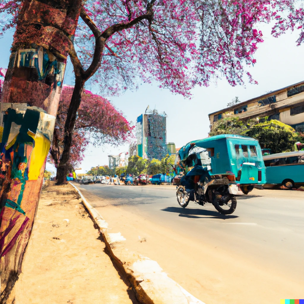 Prompt: extreme wide shot scene of a matatu with grafitti driving on the streets of nairobi, in heavy traffic, a motorcycle driving in the opposite direction, tall buildings and sky scrapers in the background, sunny blue skies above, a large jacaranda tree with flowers on the side of the road, 10 colourfully dressed pedestrians walking on the pavement, rough colourful pastel drawing