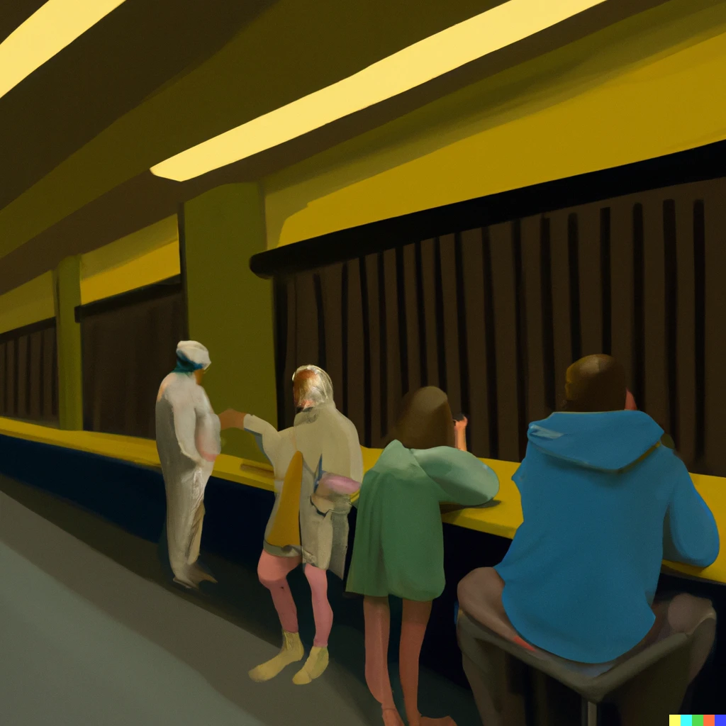 Prompt: Edward Hopper inspired painting of ravers 
