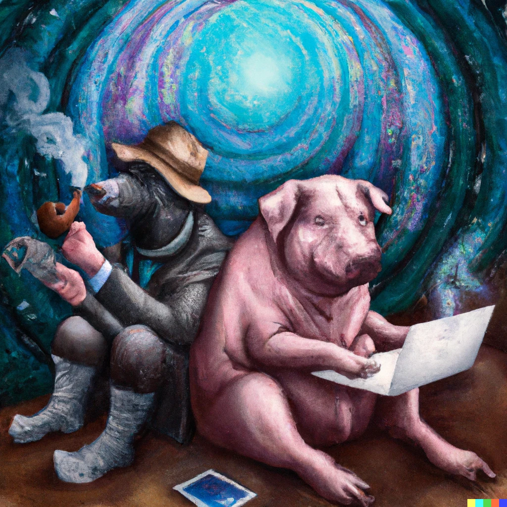 Prompt: A lawyer-trained pig with his dog studying the far reaches of the blockchain while smoking pot surfing the infinite multiverse in intergalactic style.