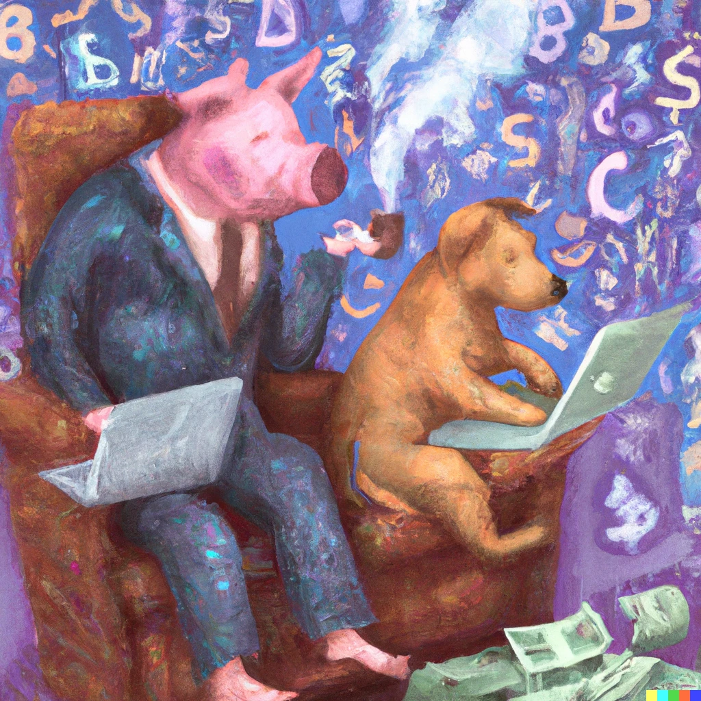 Prompt: A lawyer-trained pig with his brown dog studying the confines of the blockchain while smoking pot surfing the infinite multiverse in a Dr. Seuss style