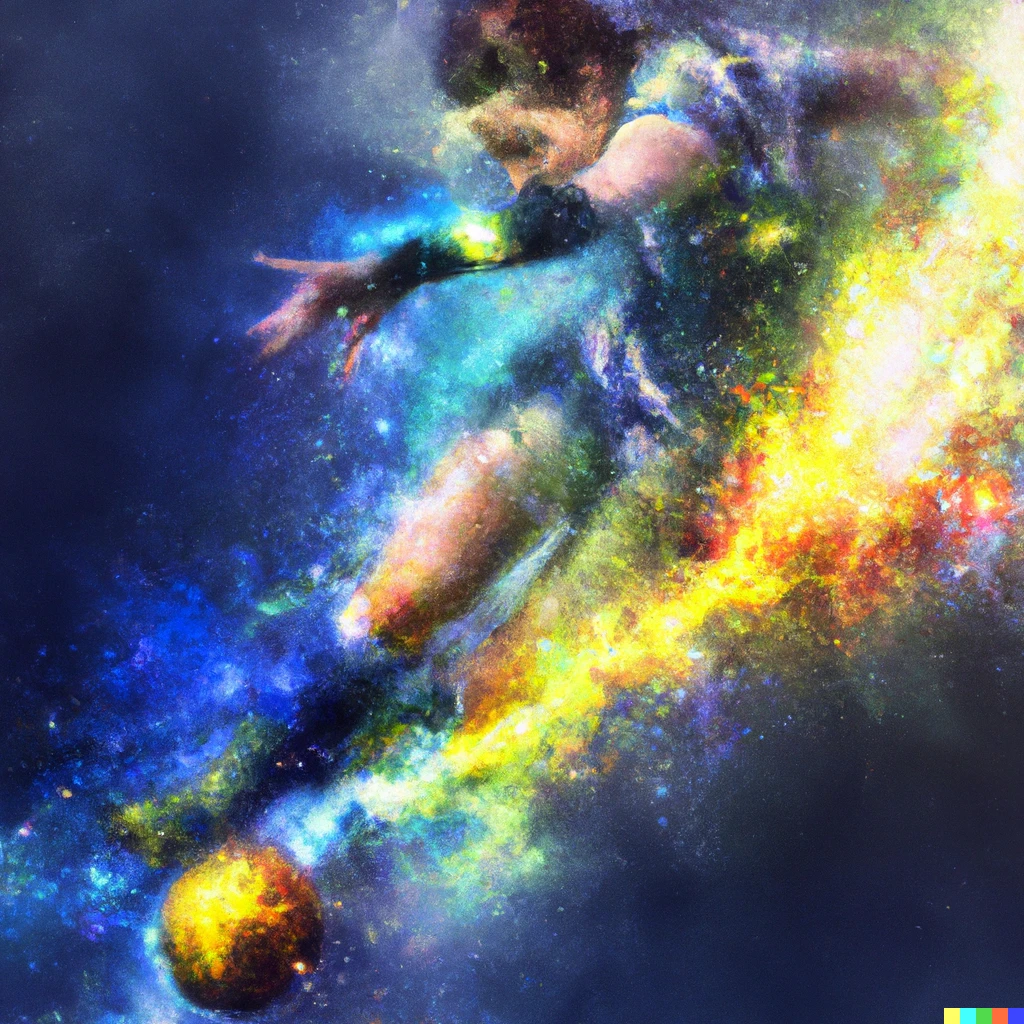 Prompt: An expressive oil painting of a cyberpunk football player scoring, depicted as an explosion of a nebula