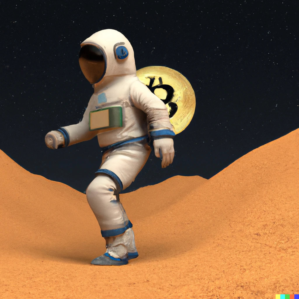 Prompt: An astronaut, 3d rendered, walking through the martian desert with a bitcoin symbol as the moon