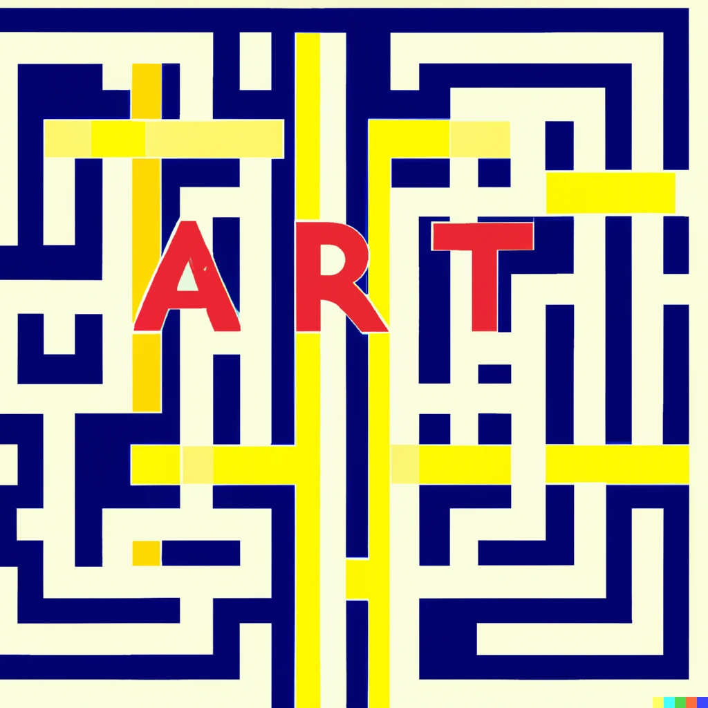 Prompt: Piet Mondrian style maze that spells out art