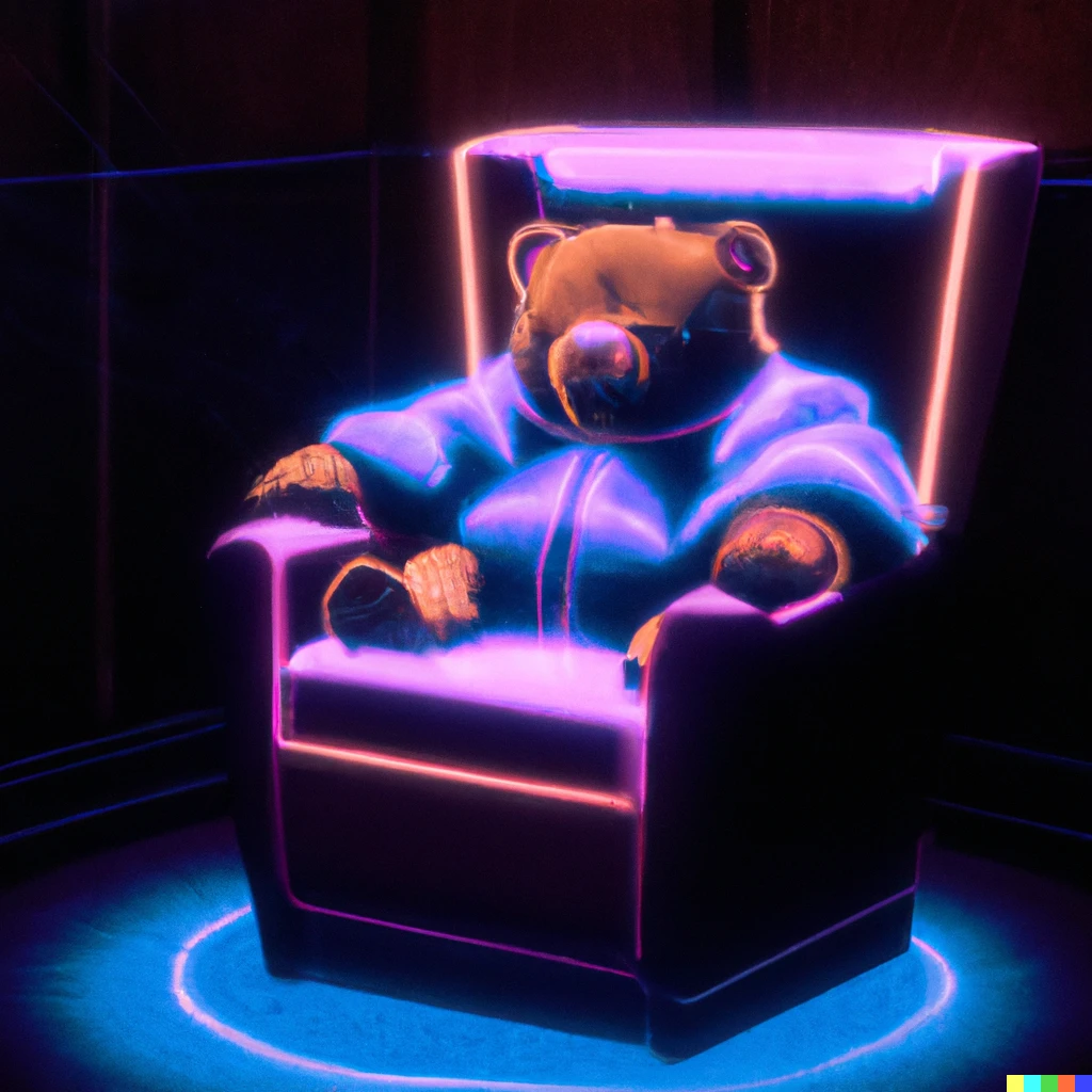Prompt: A cyberpunk bear sitting in a king size chair, vaporwave