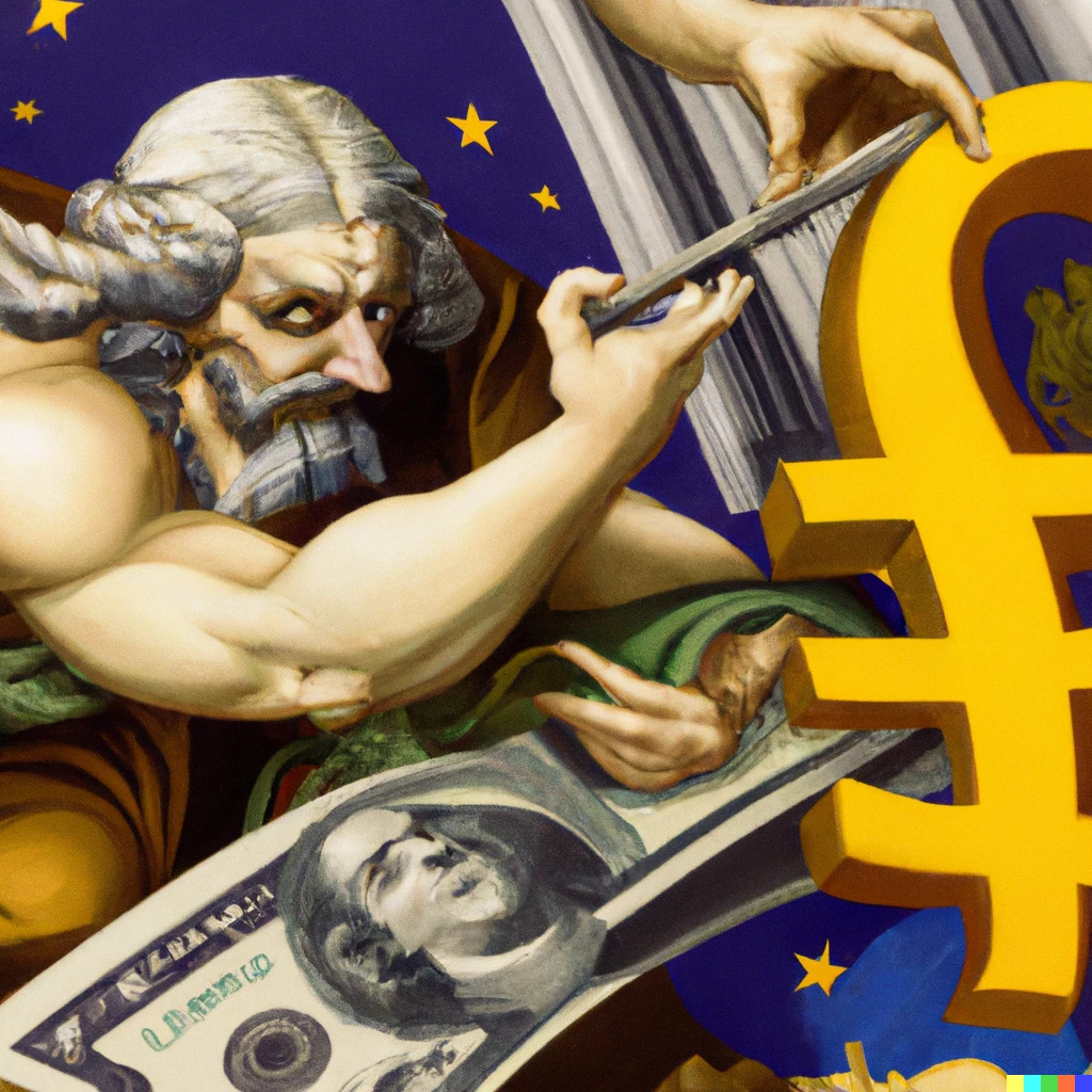 Prompt: A detailed neo-classicism painting of the US dollar destroying the Euro currency.