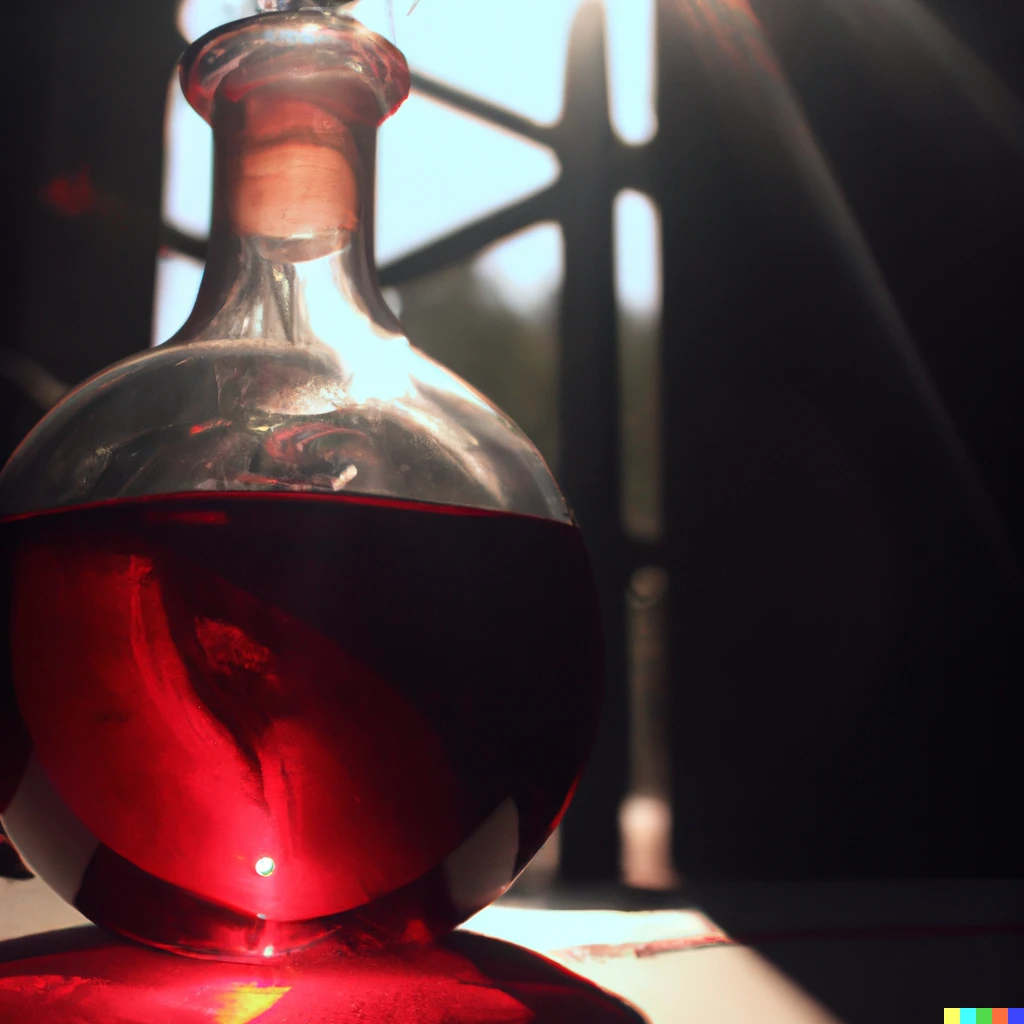 Prompt: Sunlight shining through a red healing potion