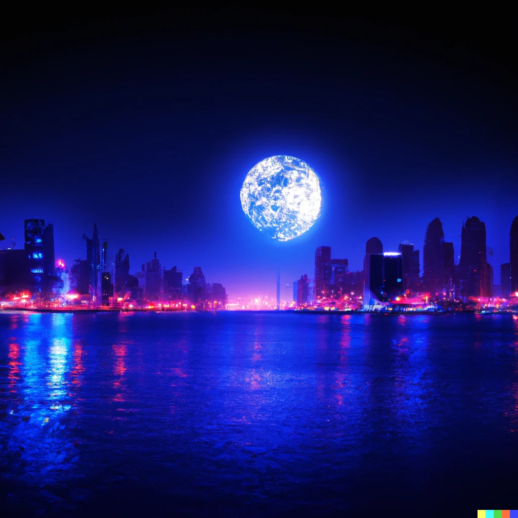 Prompt: Cityscape at night with majestic moon and bright colors