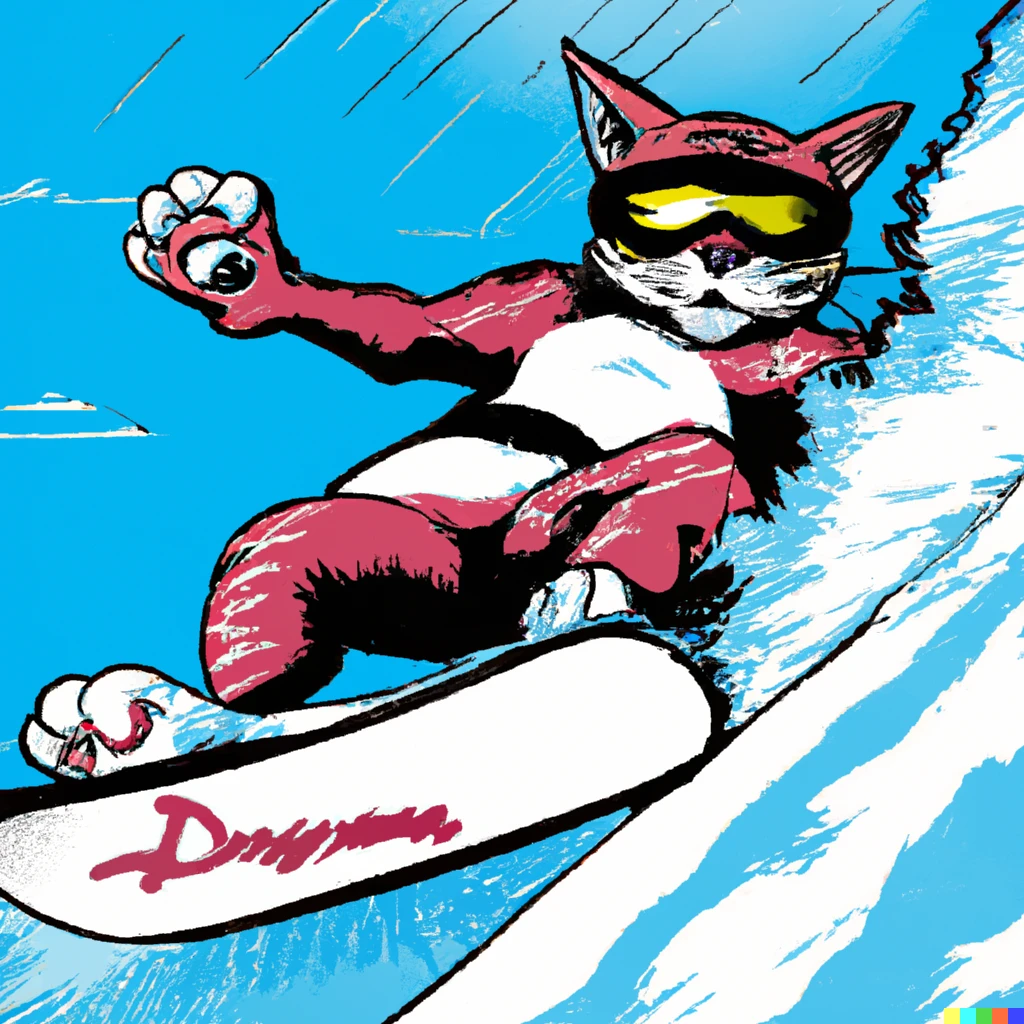 Prompt:  Action comic book cover of a cat snowboarding