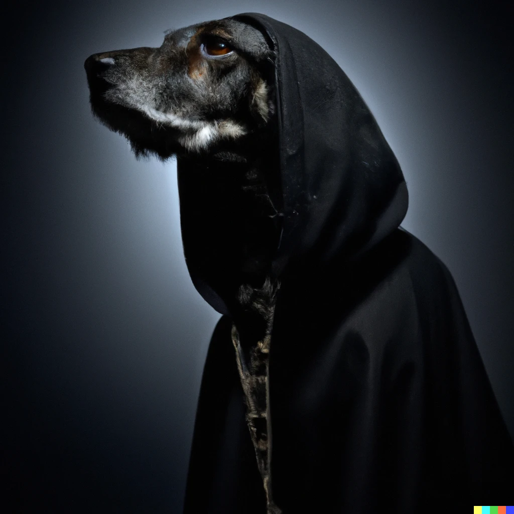 Prompt: patterdale lurcher cross wearing cloak with hood in promotional photograph for sunn o)))