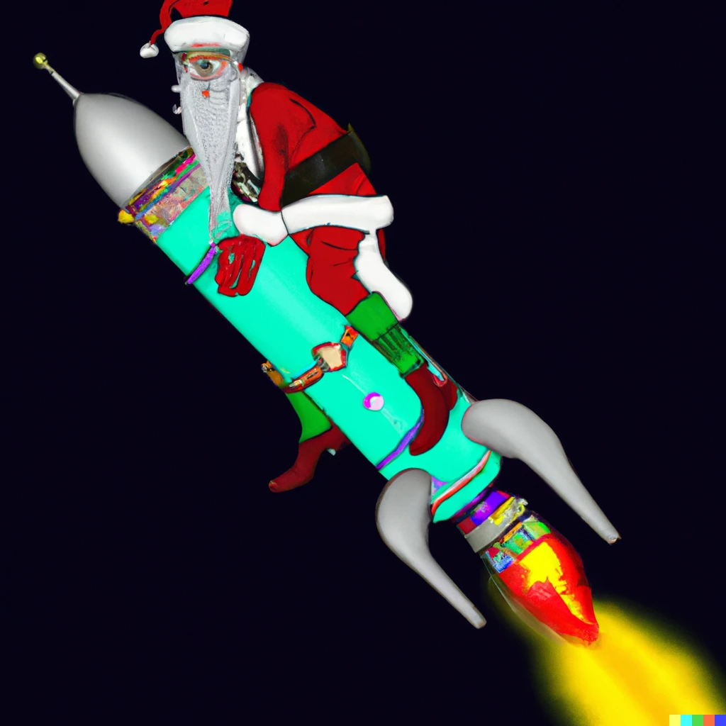 Prompt: Father Christmas riding a space x rocket