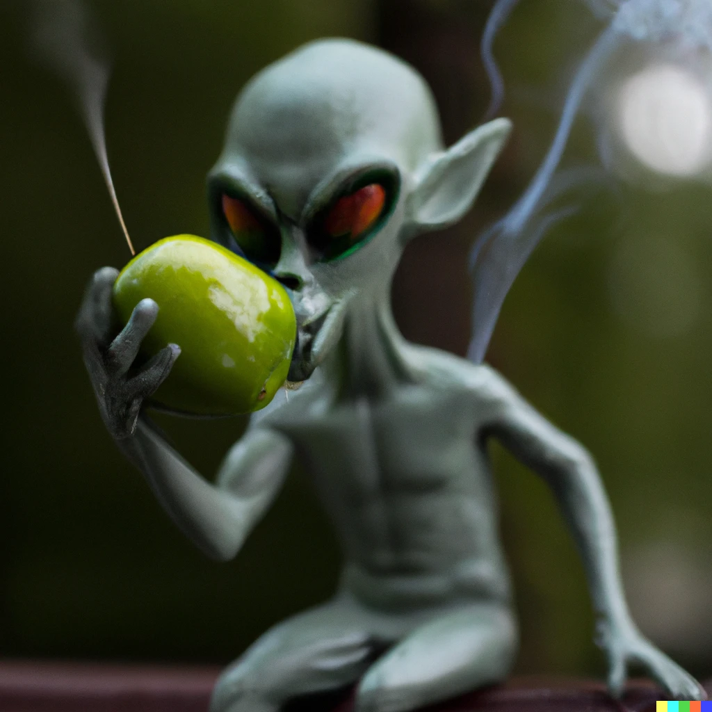 Prompt: An alien smoking weed into the apple, realistic photo