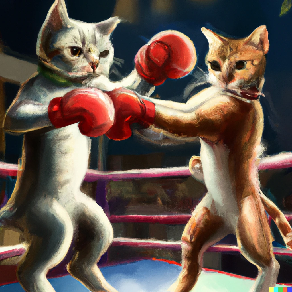 Prompt: Two cats fighting muay thai on a boxing ring, digital art