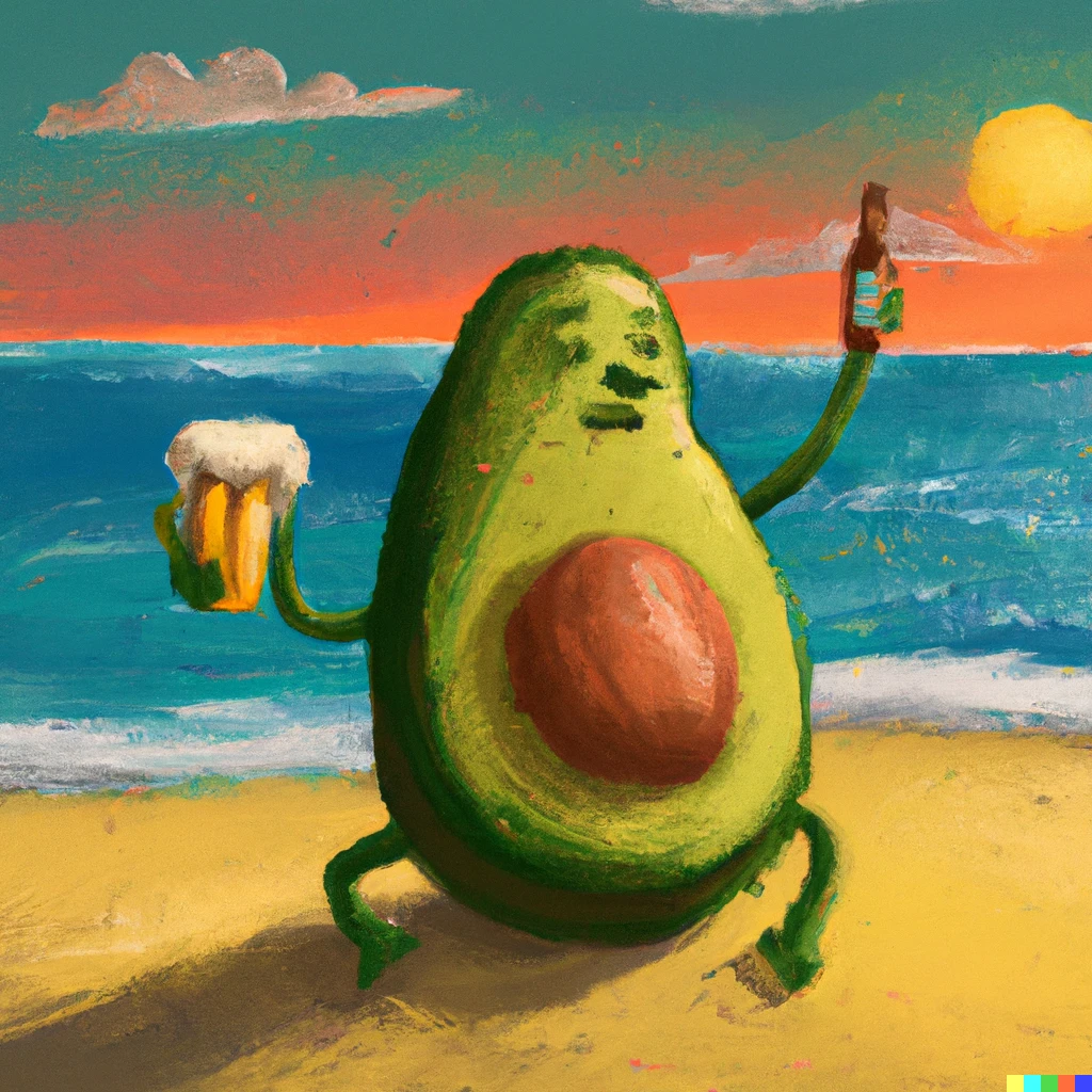 Prompt: avocado on beach sunbathing in beet sea at sunset with beer on hand, art by van gogh