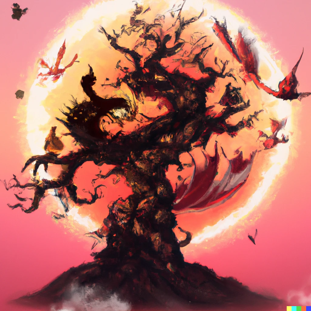 Prompt: Tree on the Moon with a dragon and fire surrounded by birds in the pink sky