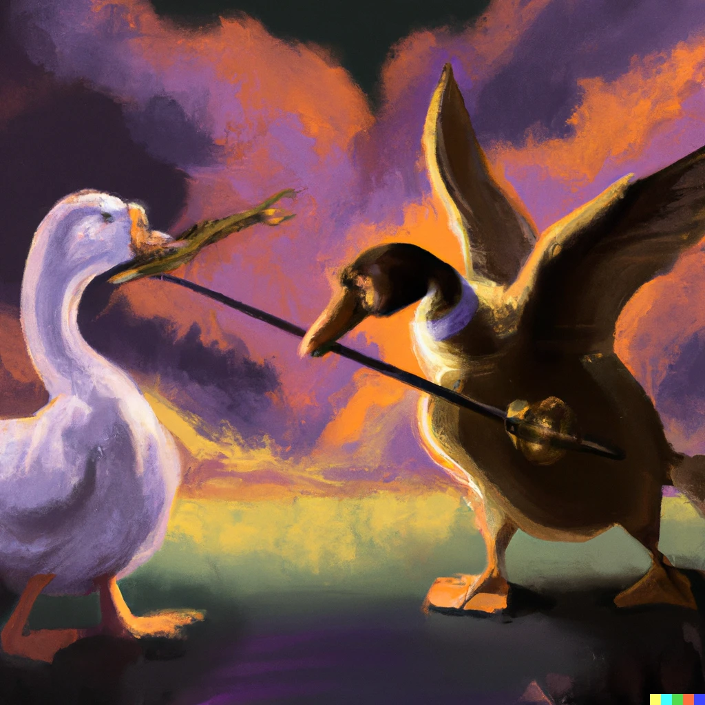 Prompt: a duck fighting with a goose in the otherworld with magic and swords, in the middle of a great war of animals, epic style 
