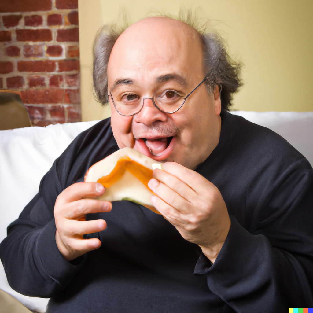 Matthew × DALL·E 2 | A photo of Danny Devito eating a ham sandwich