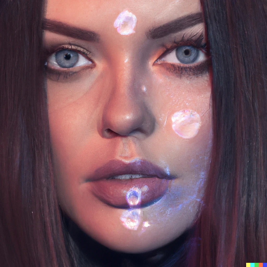Prompt: a beautiful woman looking at the camera with dark hair with crystal formations on her cheek and nose and lips, digital art, cinematic lighting, diffraction grading