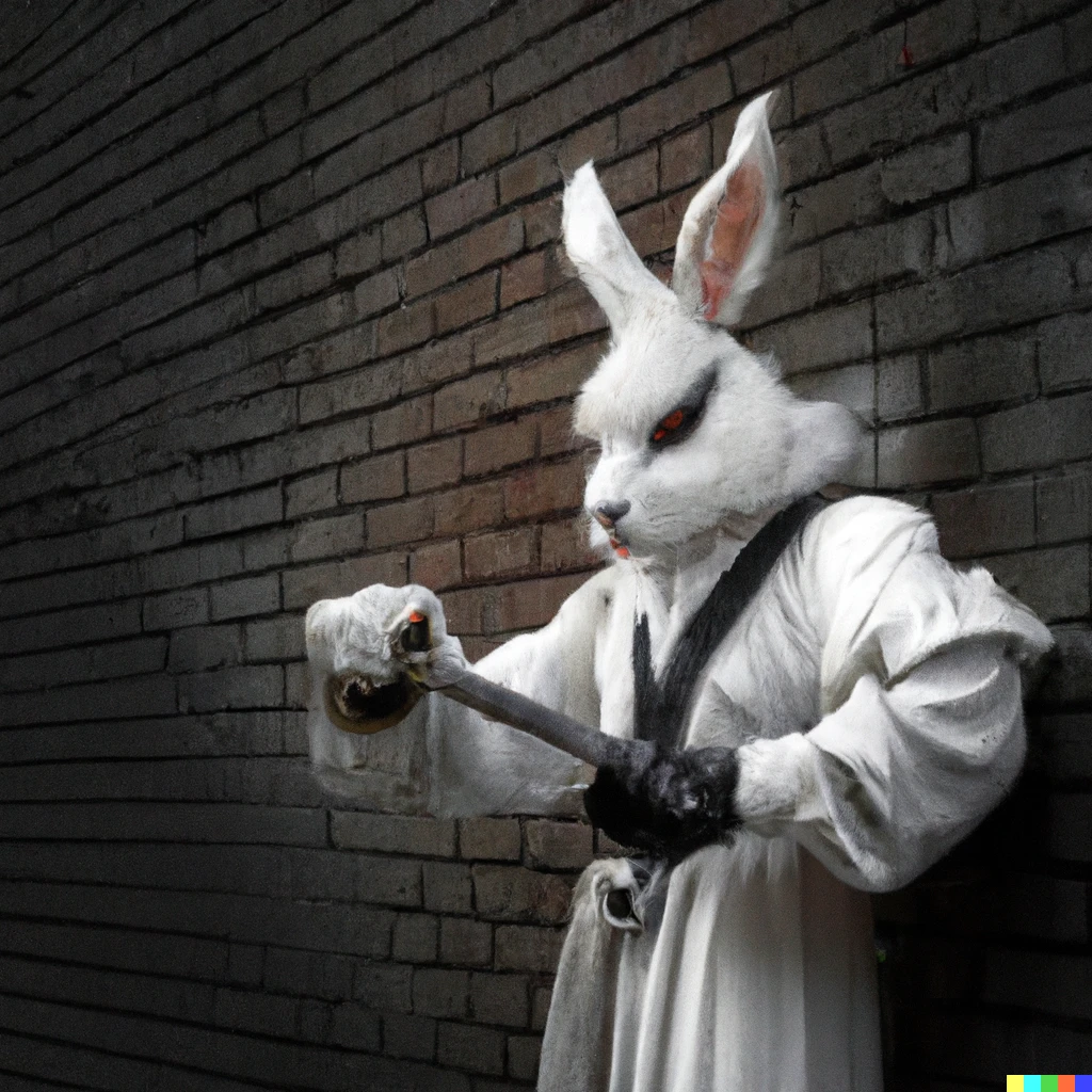 Prompt: A realistic human like rabbit dressed as assassin holding a dagger in its paw, leaning next to a dark wall in an ally during midnight 