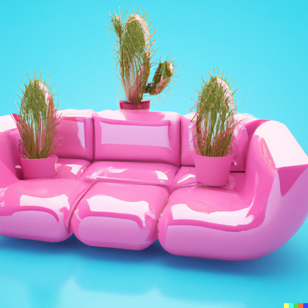 Prompt: 3d render of a clear pink inflatable sofa with cactus spikes all over it, blue background 