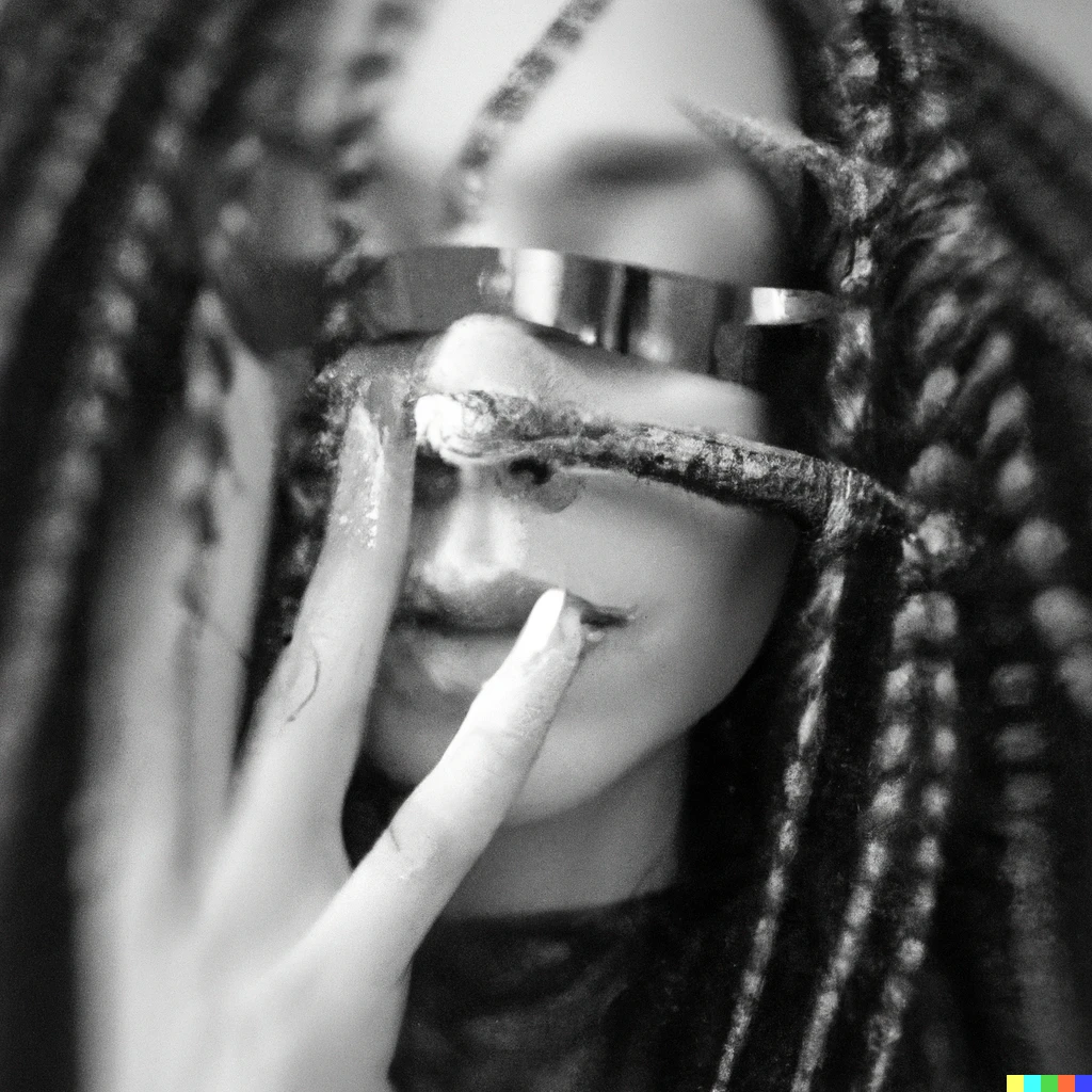 Prompt: Cyberspace, monochrome, photo, f0.9 lens, 4K, woman with blind closed robotic metallic eyes, long metallic nails and curly hair, tite kubo, manga, wind, movement