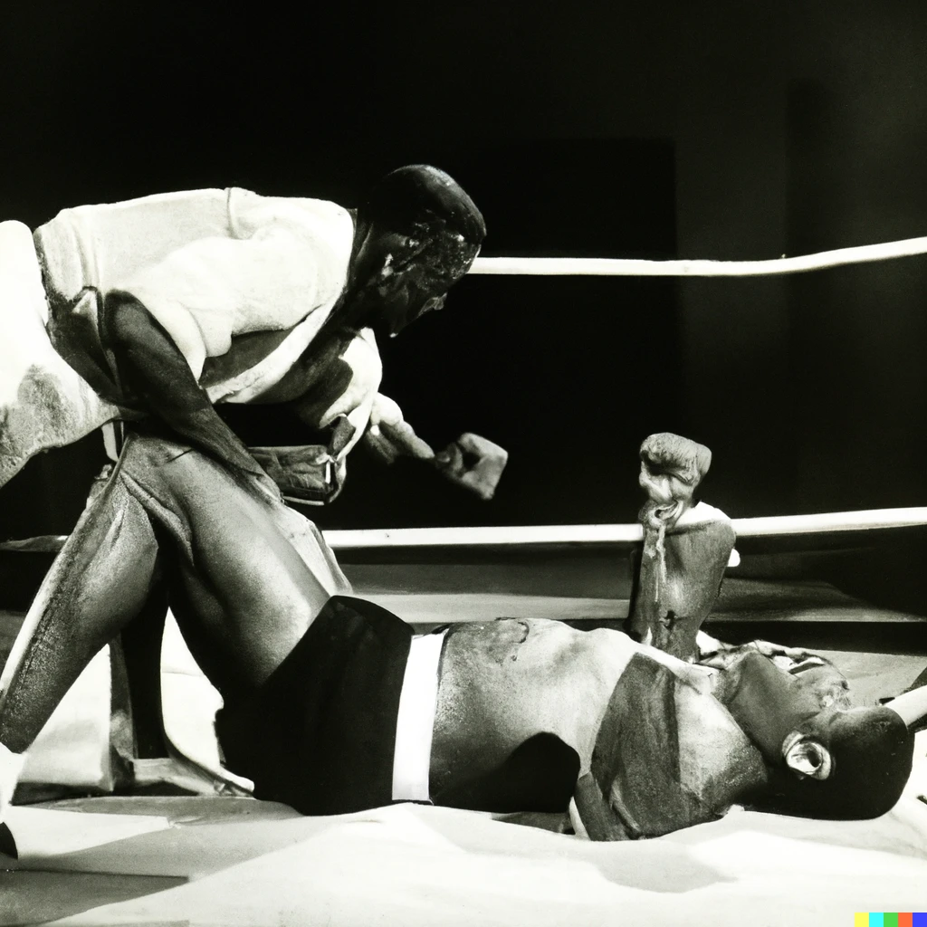 Prompt: An african american boxer in white shorts stands and roars over his defeated opponent who lies on his back in the ring. 1965 color photograph
