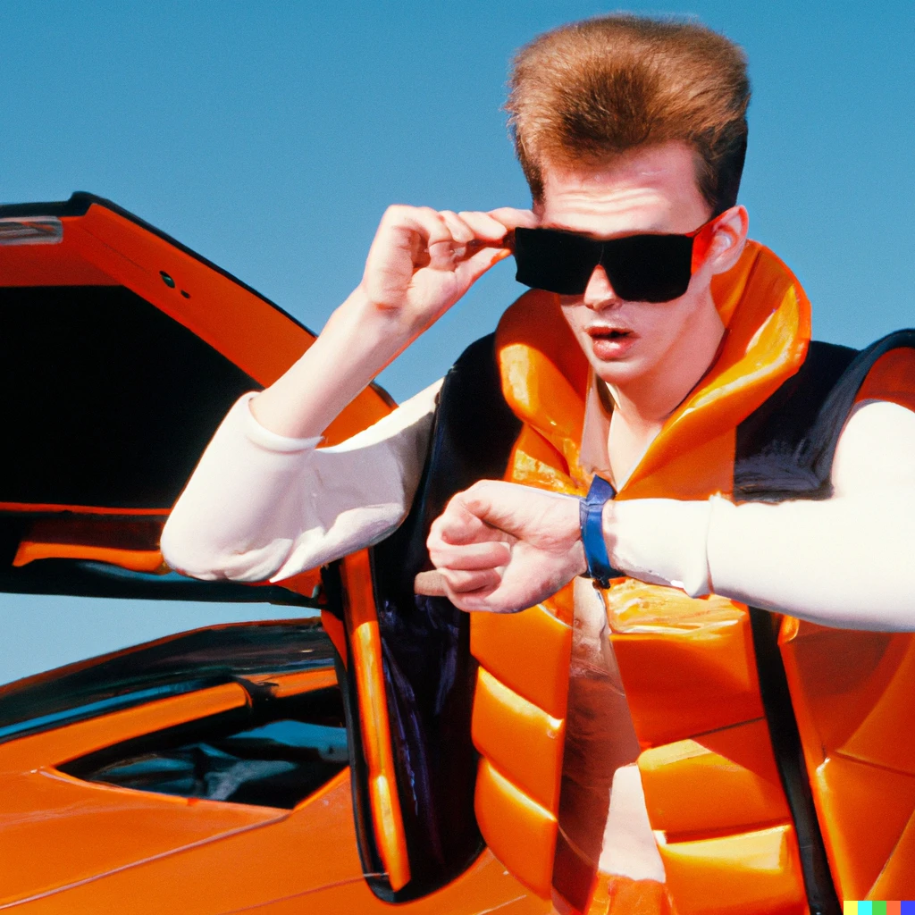 Prompt: A young man in an orange puffy vest stepping out of a DeLorean, lifting his sunglasses and looking at his wristwatch in surprise. 1980's