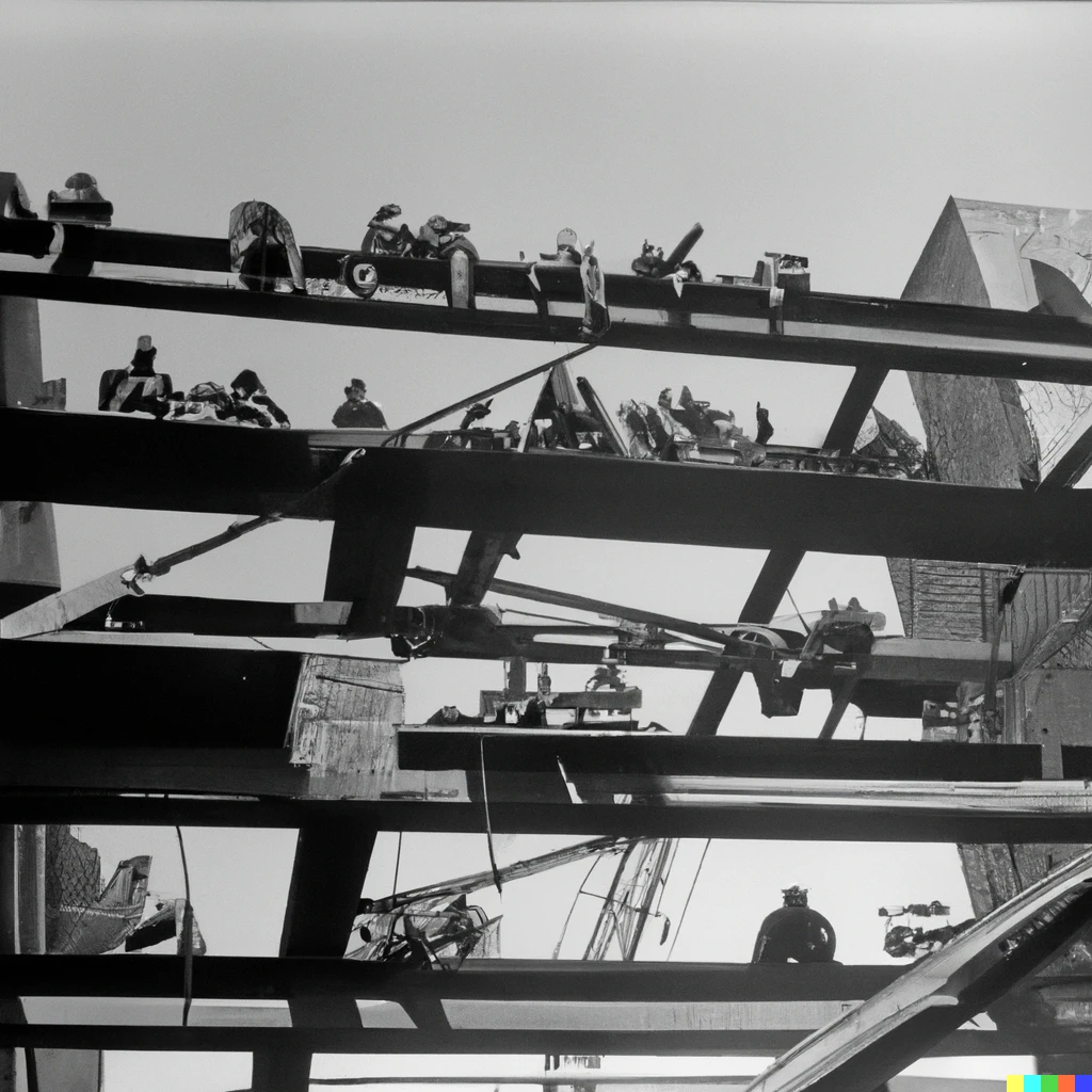 Prompt: eleven ironworkers sit on a girder of a building under construction and eat lunch hundreds of feet above ground. New York City. 1030's