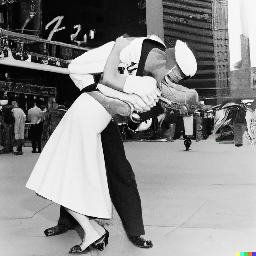 Prompt: A navy sailor kissing a nurse in times square. She dips backwards. Black and white photograph from the 1940's