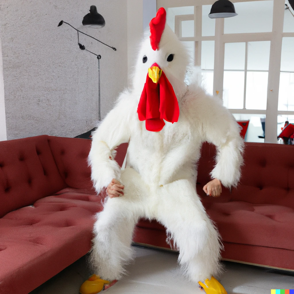 Prompt: A man in a white chicken costume stands in a white living room. A red sofa is in the background.
