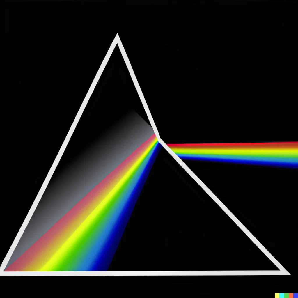 Prompt: A triangular prism centered on a black background. A thin beam of white light enters the prism on the left side, exiting the right side as a rainbow. Illustration