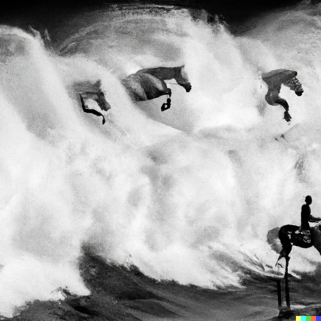 Prompt: A man surfs a huge wave made of giant white horses. Black & White