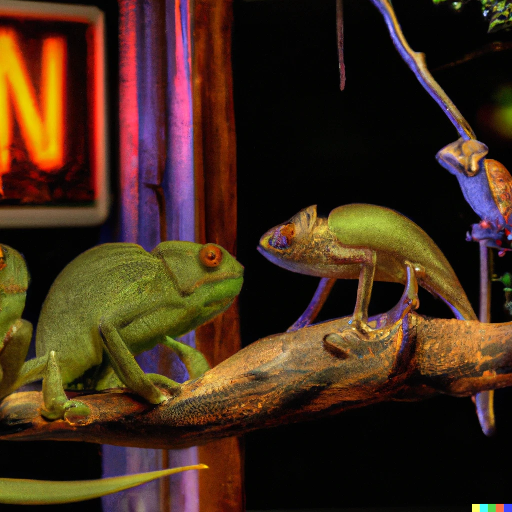 Prompt: two chameleons on a branch in a swamp observe three frogs who are staring at a neon sign outside a rural bar.