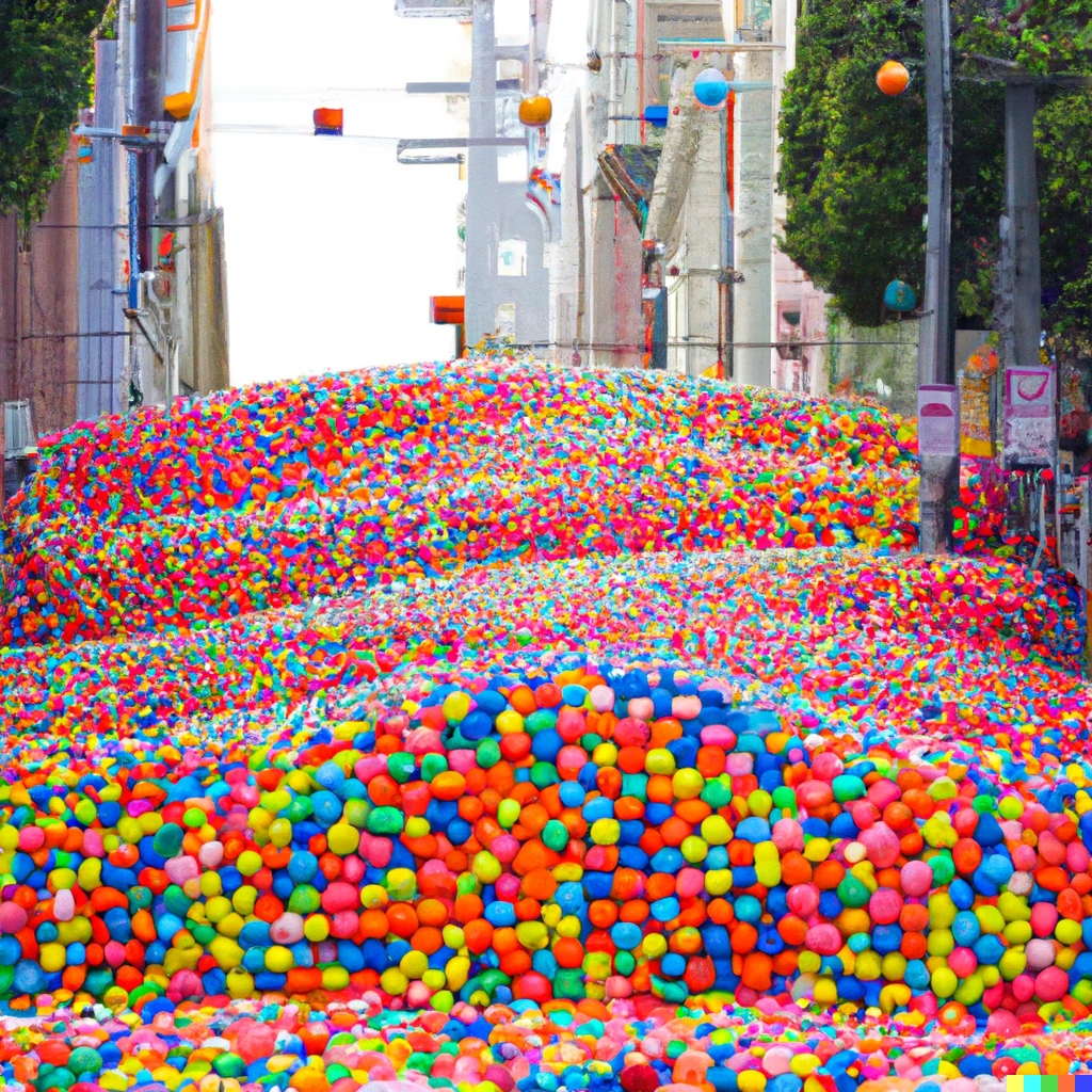 Prompt: 250000 colorful balls  bounce down a steep hill in san francisco
