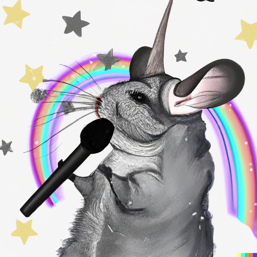Prompt: a chinchilla unicorn singing at a concert realistic