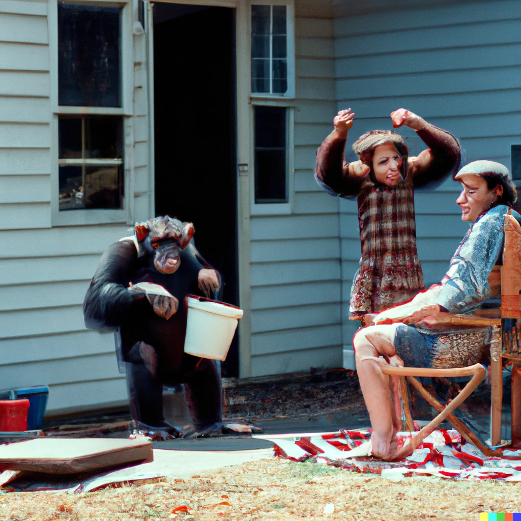 Prompt:  A chimpanzee in a suburban garage stands on a bucket clapping along with two flannel-clad seniors in lawn chairs