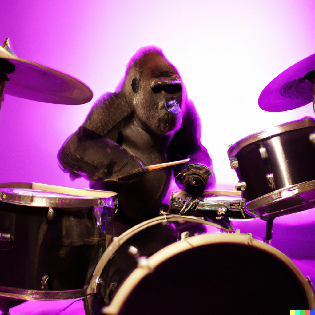 Prompt: A gorilla plays drums in a purple studio
