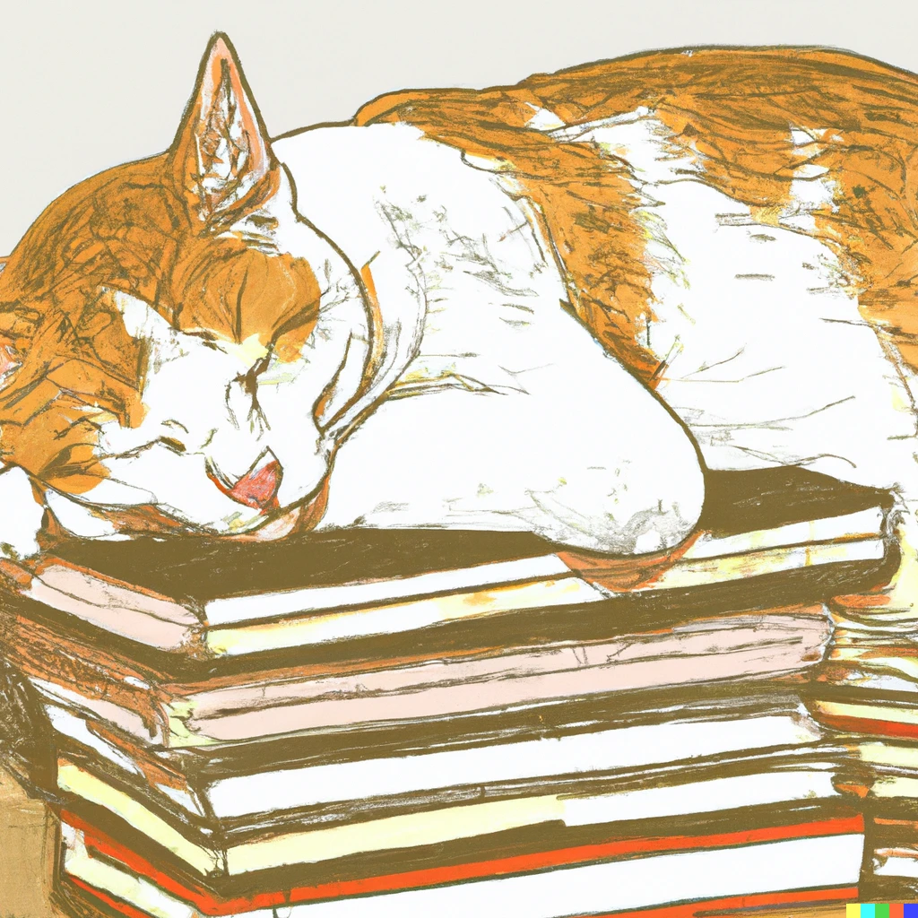 Prompt: Orange and white colored cat sleeping on a pile of books, drawn in the style of Japanese manga