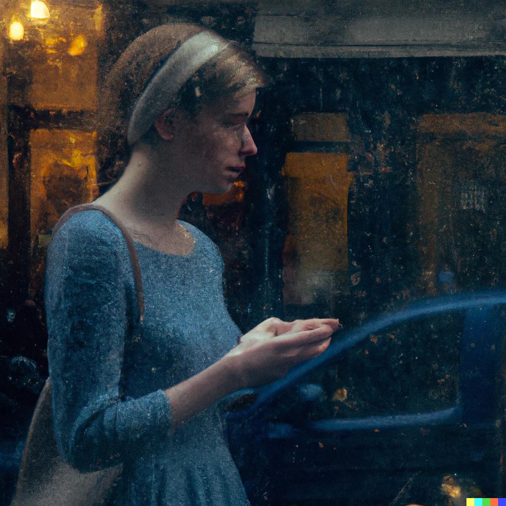 Prompt: Beautiful melancholic woman in a blue dress chatting on her cell phone in a street of Paris, seen through a rainy window, cinematic shot in the style of Krzysztof Kieślowski. 50mm lens. Cinematic colors. Blur.