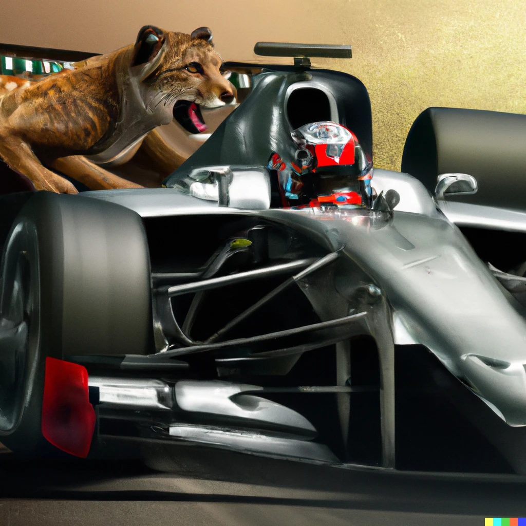 Prompt: Lewis Hamilton in a formula one car racing against a cheetah, digital art