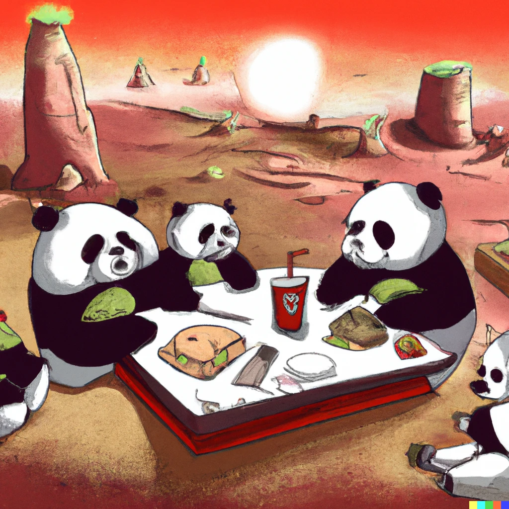 Prompt: Last supper with fast food and pandas in a volcano on Mars
