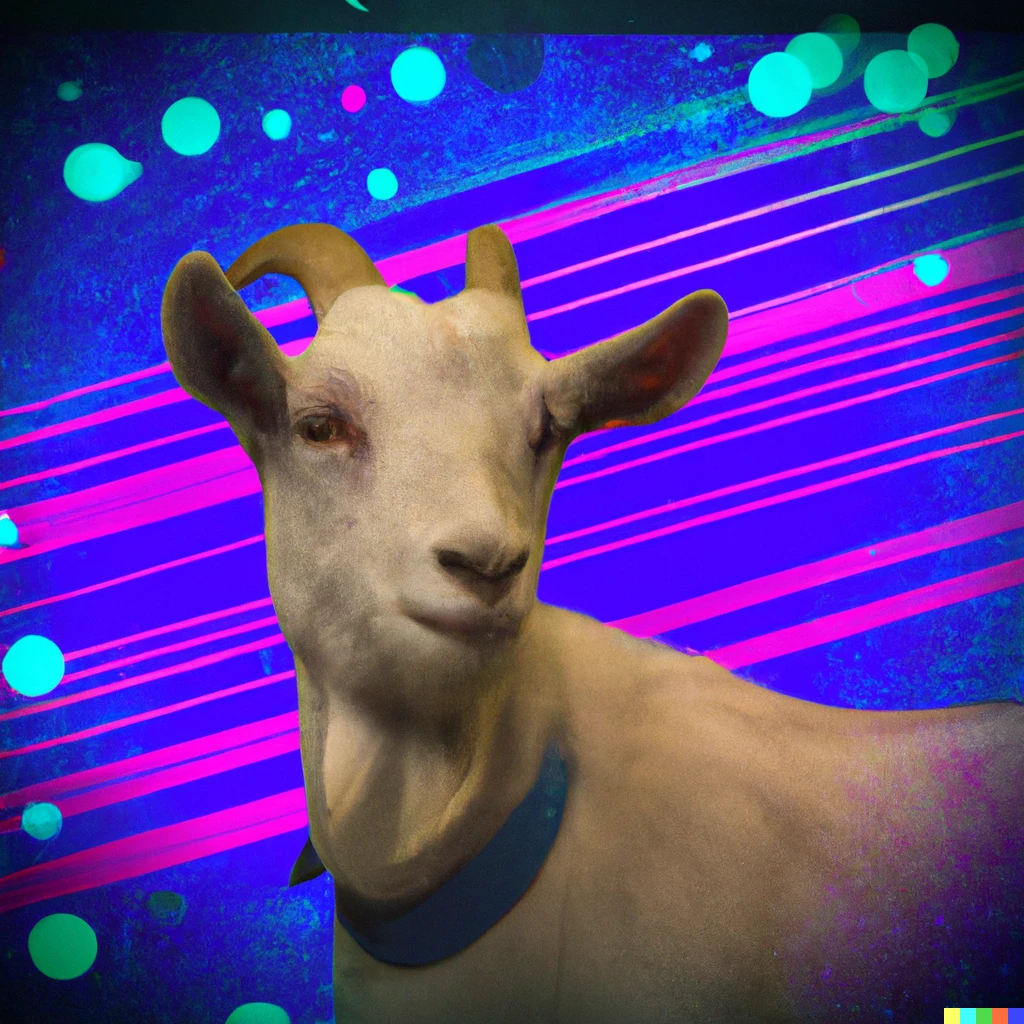 Prompt: A goat School Picture with 1980s laser background 