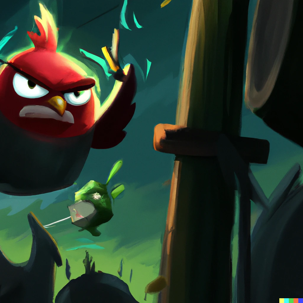Prompt: A dark piece Concept art of Red the angry bird being shot out of a slingshot towards a tower of scary green pigs, Digital art 
