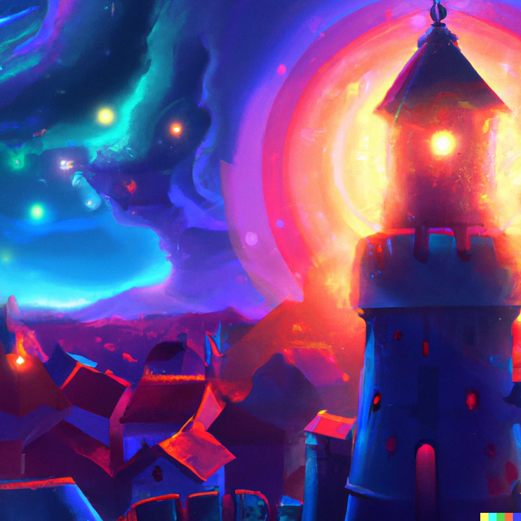 Prompt: very smooth image of neon medieval city. sharp sky without clouds, night, bright, colorfull start, digital art