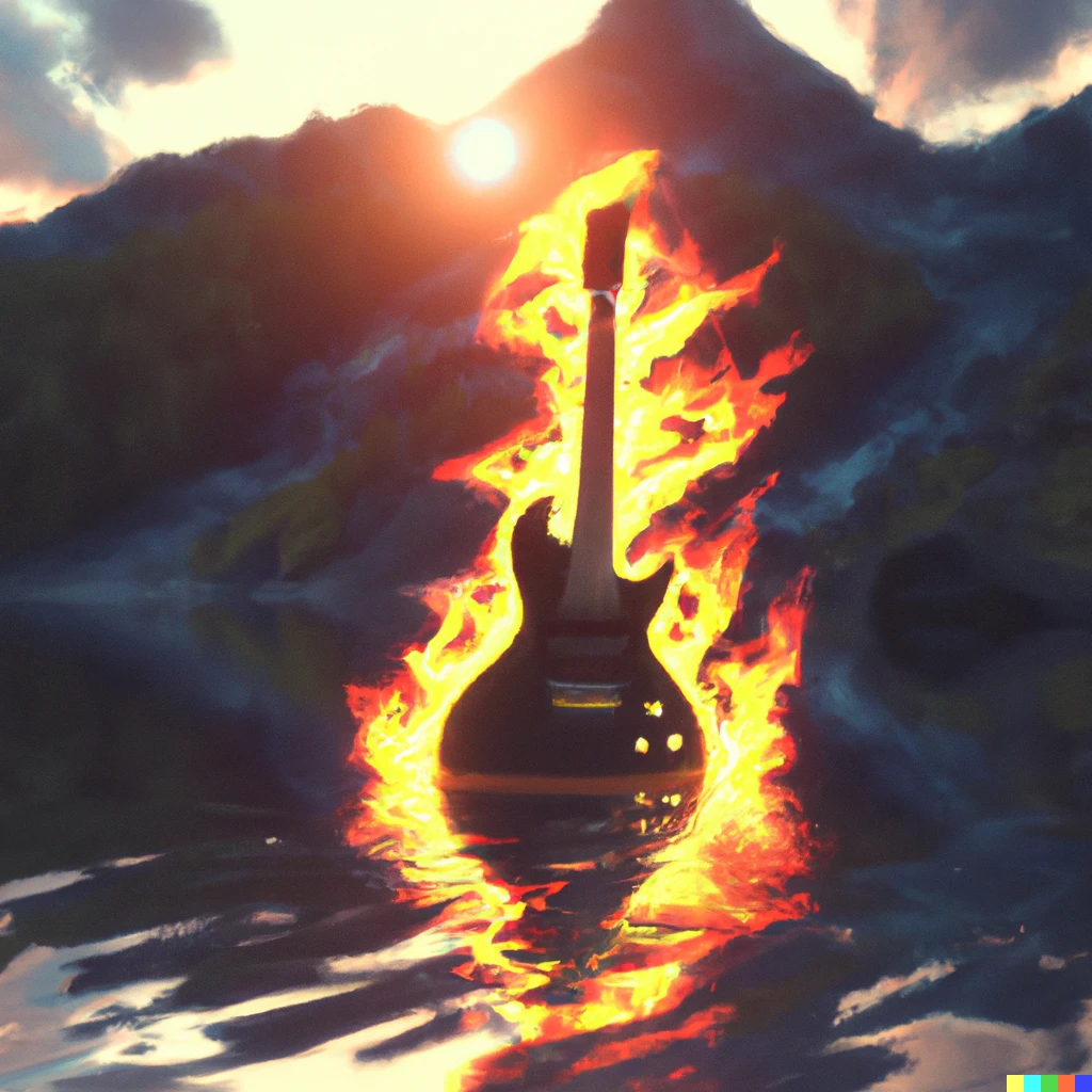 Prompt: A electric guitar burning in the middle of a mountain lake, digital art