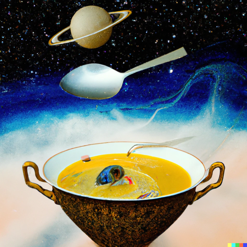Prompt: The universe as a soup in  a bowl in the style of salvador dali