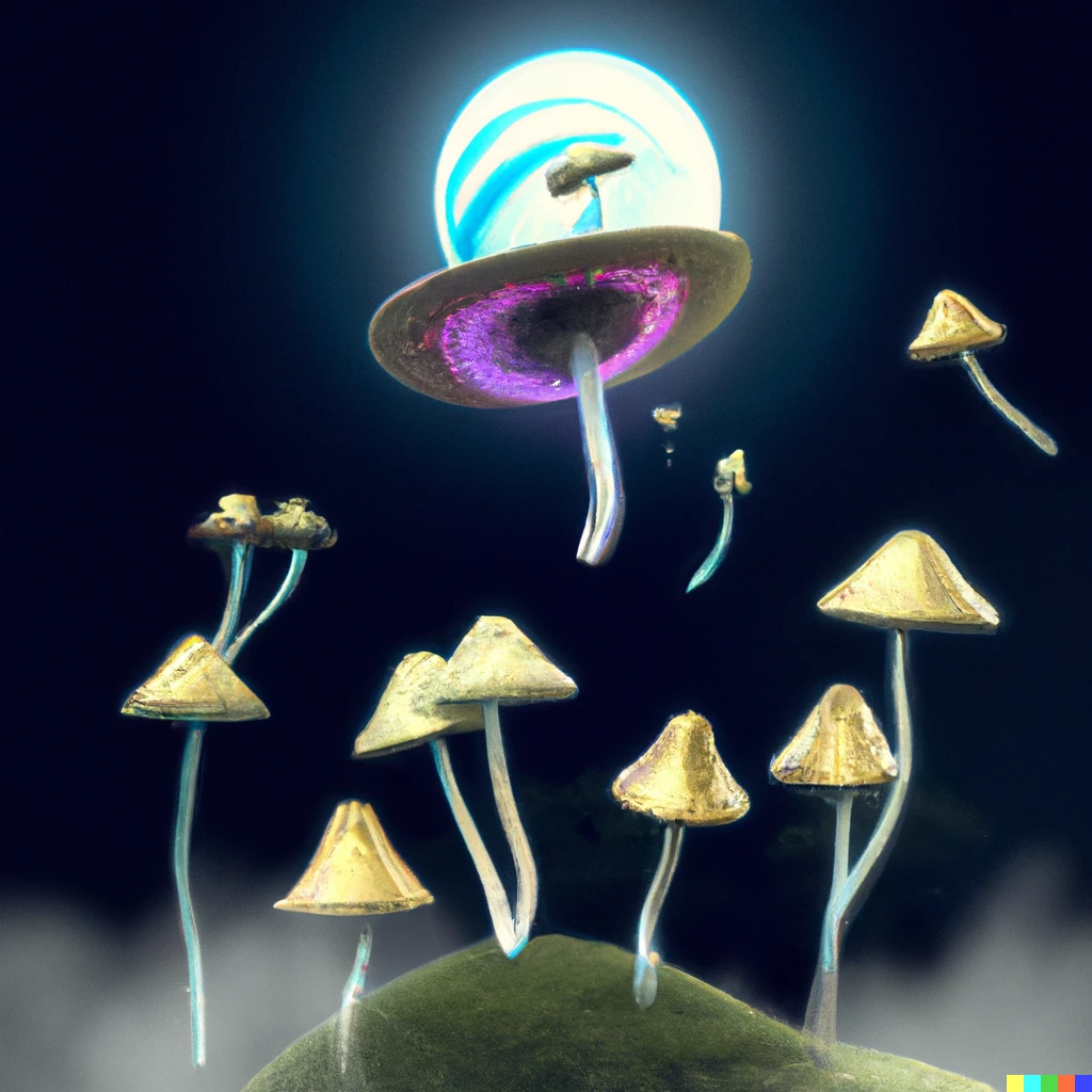 Prompt: Magic mushrooms landing on the moon, digital art 3d render